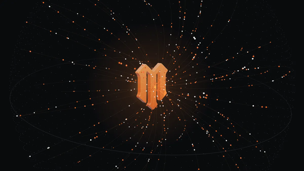 Code-drawn 3D render of the Mascot M at the centre of a globe of customer contacts